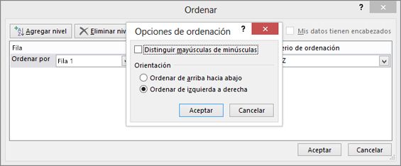 En el cuadro Opciones de ordenación, haga clic en De izquierda a derecha