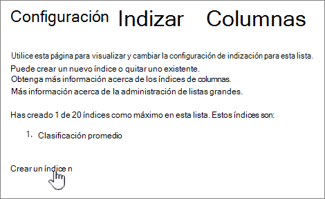 Página columnas indizadas con Crear un nuevo índice resaltado