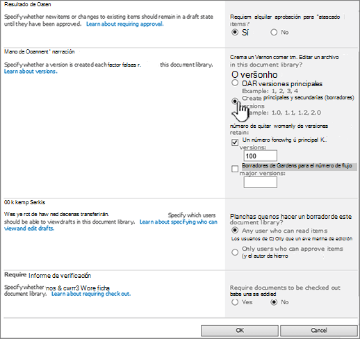 Establecer versiones principales y secundarias, requerir aprobación, especificar quién puede ver los elementos y requerir desproteger.