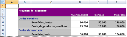 Informe resumen de escenario de Excel