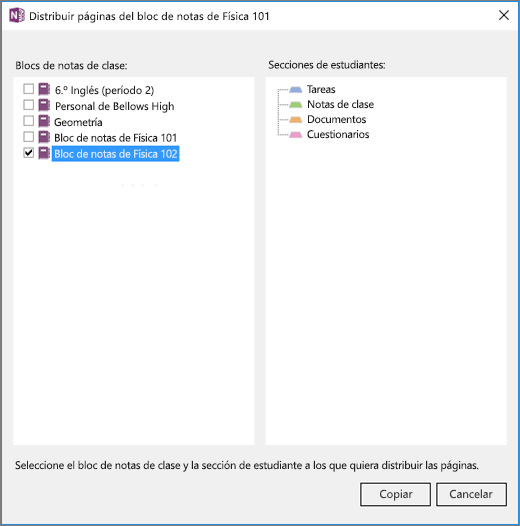 Panel “Distribución cruzada de blocs de notas” en Bloc de notas de clase con una lista de blocs de notas de clase con casillas y una lista de secciones de destino de blocs de notas de alumnos.
