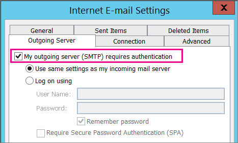 Elija Mi servidor de salida requiere autenticación.