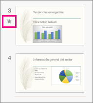 Un icono de estrella fugaz muestra que una diapositiva tiene aplicado un efecto de transición