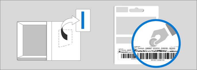 Muestra la ubicación de la clave de producto en la caja y en la tarjeta de clave del producto.