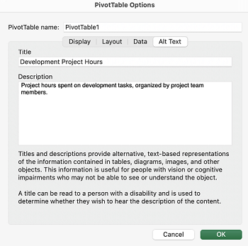 La pestaña Texto alternativo en Excel para Mac.