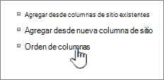 Orden de columnas de contenido de sitio seleccionado