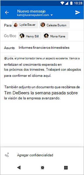 Captura de pantalla del botón Agregar confidencialidad en Outlook para Android