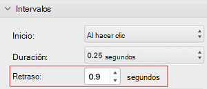 Menú Retrasar intervalos de PowerPoint para Mac