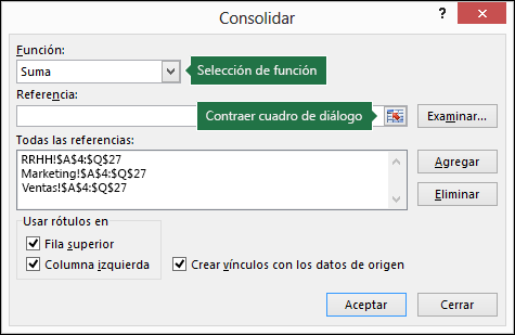 Cuadro de diálogo Consolidación de datos