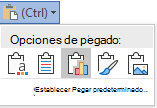 El botón de opciones de pegado en Word, expandido para mostrar las opciones.