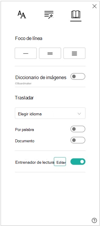 Captura de pantalla del panel de preferencias de lectura del Lector inmersivo, que muestra las opciones de enfoque de línea, diccionario de imágenes, traducción y Entrenador de lectura.