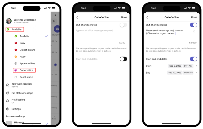 Serie de 3 capturas de pantalla móviles que muestran cómo establecer el estado de fuera de la oficina.