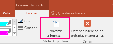Muestra el botón Convertir en formas en Herramientas de lápiz