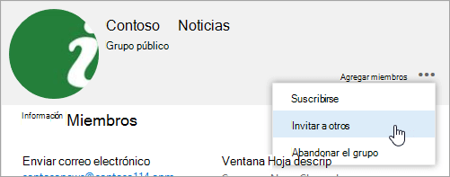 Captura de pantalla del botón invitar a otros usuarios en la tarjeta del grupo.