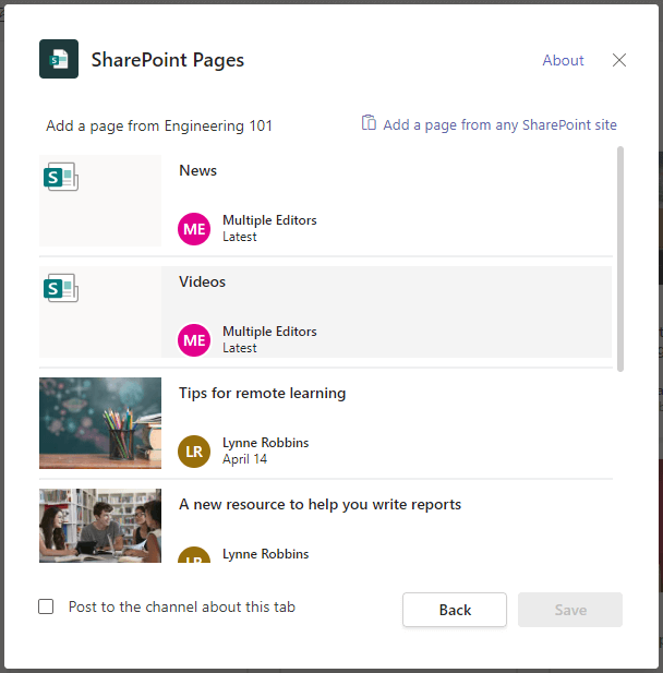 Página Vídeos resaltada en la aplicación de la pestaña Páginas de SharePoint desde Teams