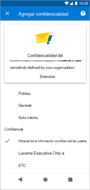 Captura de pantalla de etiquetas de confidencialidad en Outlook para Android