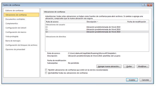 Área Ubicaciones de confianza del Centro de confianza