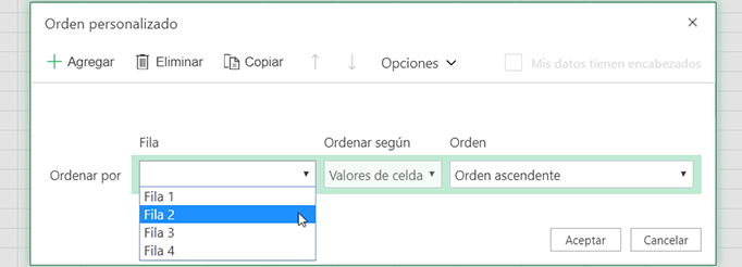 La lista desplegable de fila en el cuadro de diálogo Orden personalizado se abre al seleccionar Ordenar de izquierda a derecha