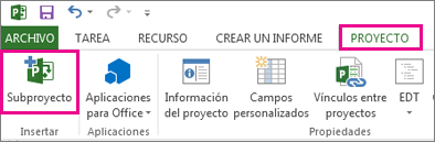 La pestaña Cinta de Project con el comando Insertar subproyecto.