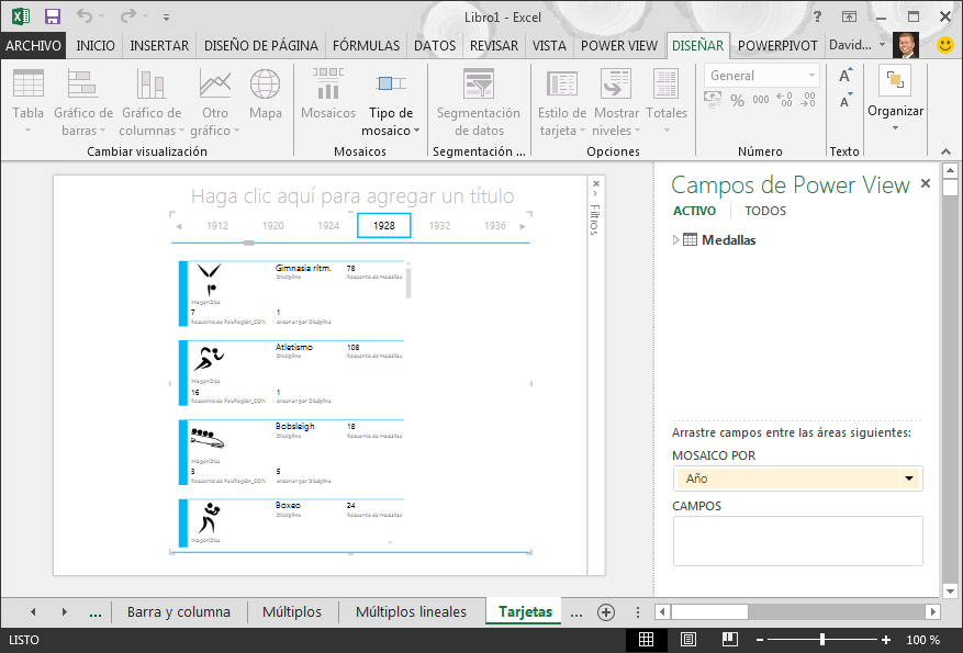 el contenedor MOSAICO POR en un informe de Power View