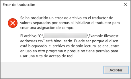 Este es el mensaje de error que recibirá si el archivo de .csv tiene datos con un formato deficiente.