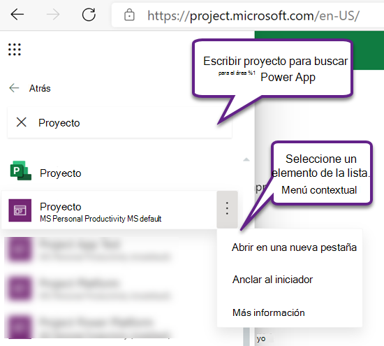 Project Power App en los resultados de búsqueda en el iniciador de aplicaciones