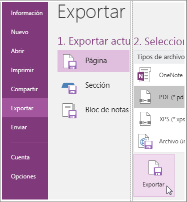 Captura de pantalla que muestra cómo exportar una página de notas en OneNote 2016.