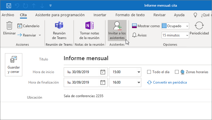 Programar una cita en Outlook