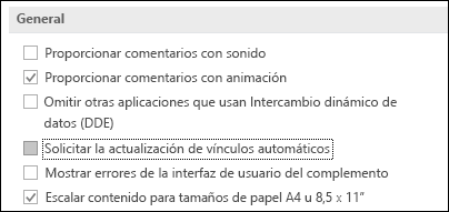 Imagen de la opción Consultar al actualizar vínculos automáticos