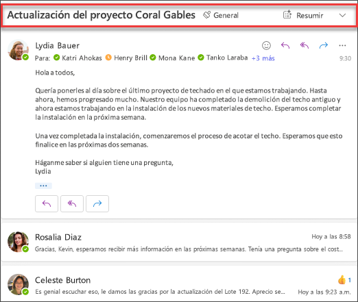 Hacer clic en Resumir para obtener un hilo de correo electrónico resumido por Copilot.