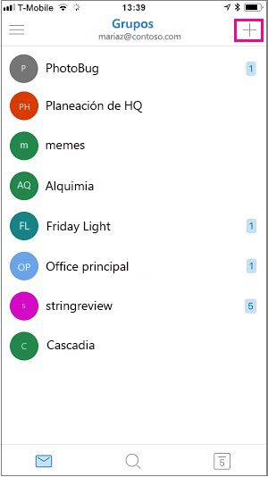 Pulse el símbolo más en la esquina superior derecha de la pantalla para crear un grupo.