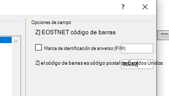 Sección De opciones de código de campo