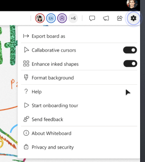 Para abrir el menú Configuración de whiteboard, seleccione Configuración (icono de engranaje) en la esquina superior derecha.