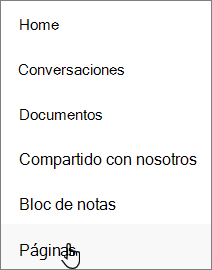 Navegación izquierda en SharePoint, con páginas seleccionadas