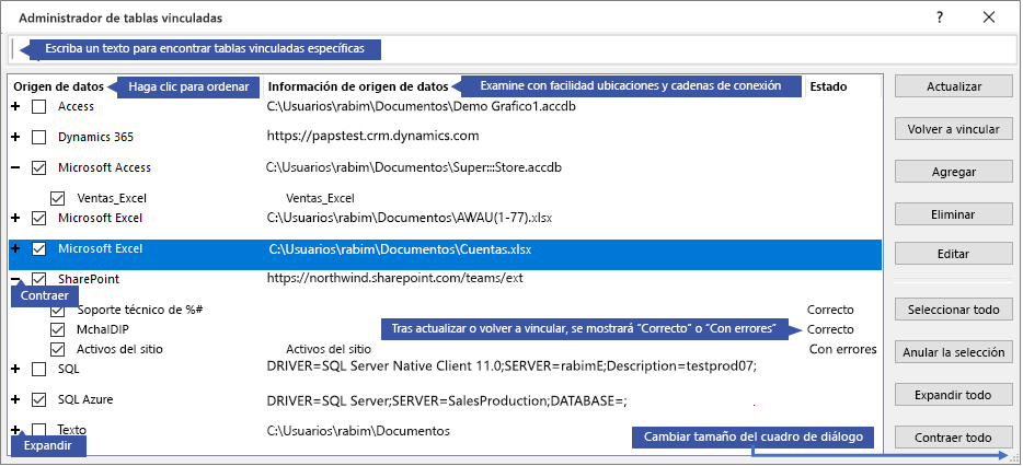 Cuadro de diálogo Administrador de tablas vinculadas