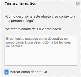 Casilla Marcar como decorativo seleccionada en el panel de texto alternativo de Word para Mac.