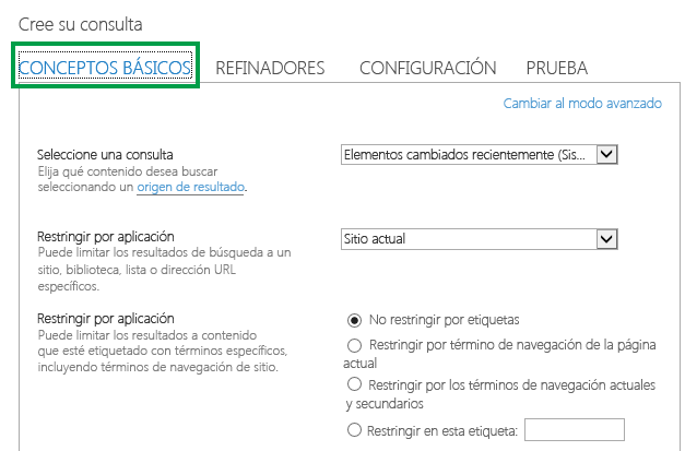 La ficha BÁSICO al configurar la consulta en un elemento web de búsqueda de contenido