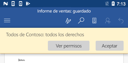 Puede ver los permisos que asignó al abrir un archivo protegido con IRM en Office para Android.