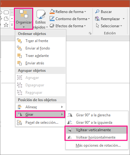 Muestra las opciones Organizar > Girar > Voltear en PowerPoint.