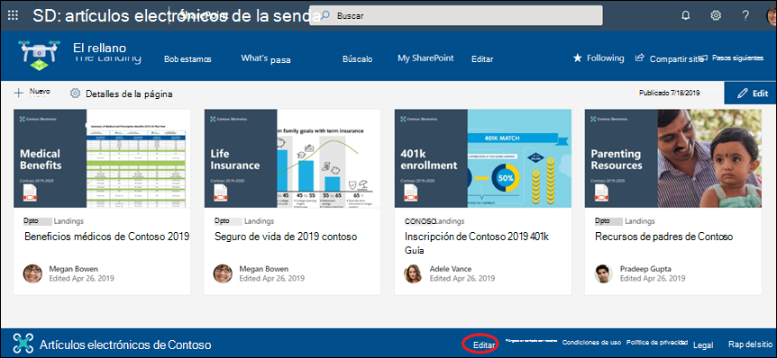 Agregue o edite vínculos y etiquetas en un pie de página de un sitio de comunicación de SharePoint.