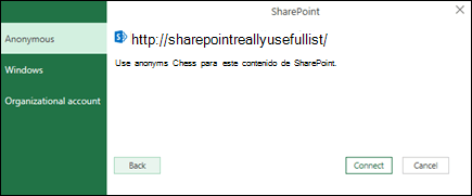 Excel Power Query conectarse a un cuadro de diálogo Conectar a una lista de SharePoint