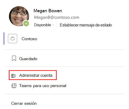 En una tarjeta de perfil, un cuadro rojo resalta Administrar cuenta.