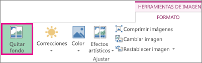 Botón Quitar fondo ubicado en el grupo Ajustar de la pestaña Formato en Herramientas de imagen