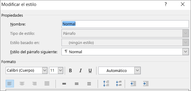 Opción Modificar estilo de formato de Word