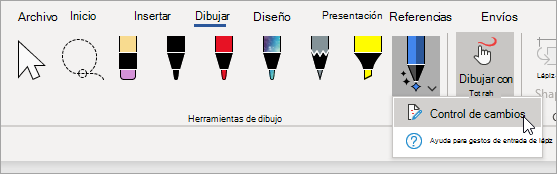 Seleccione Control de cambios para el lápiz del Editor de entrada de lápiz.