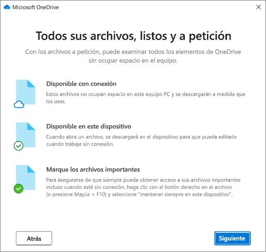 Pantalla Archivos a petición del asistente Bienvenido a OneDrive