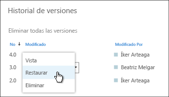 Seleccione "Recuperar" en el menú desplegable referente a la versión del documento seleccionado