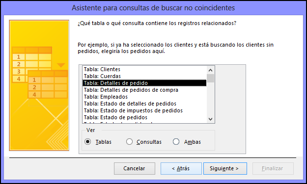 Seleccione una tabla o una consulta que contenga los registros relacionados en el cuadro de diálogo Asistente para consultas de buscar no coincidentes.