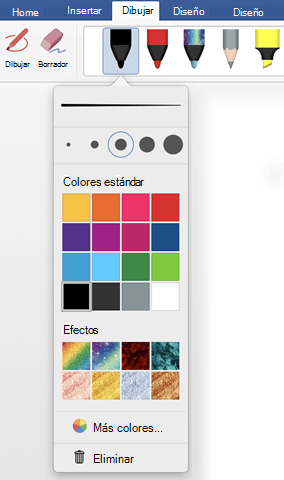Opciones de color y grosor de una pluma en la galería de plumas de Office en la pestaña Dibujar