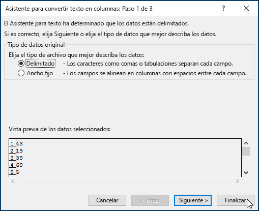 Imagen del diálogo Datos > Texto en columnas
